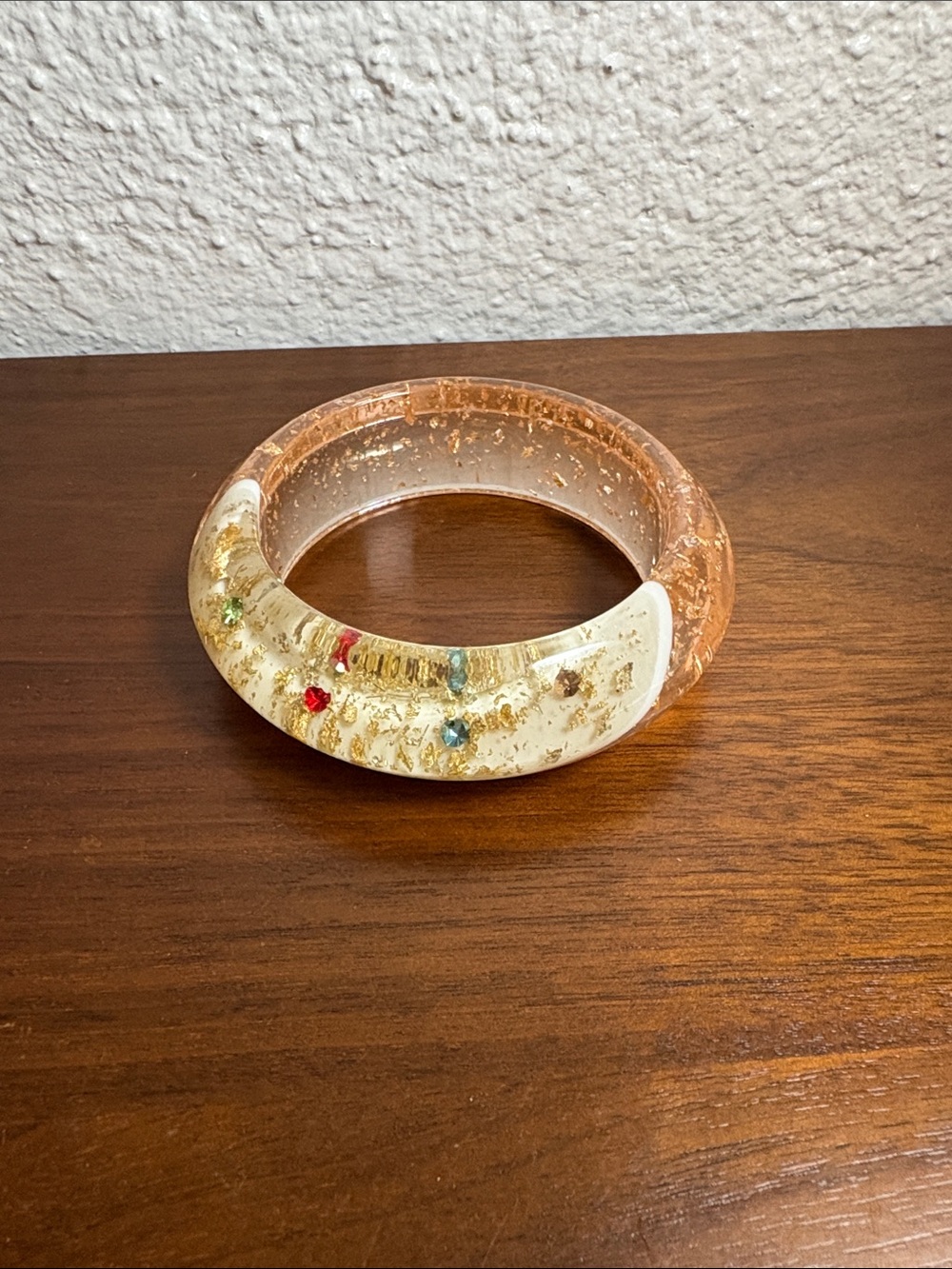 Rare Vintage MCM Lucite Bangle - Peach & Gold Foil Glitter with Rhinestones